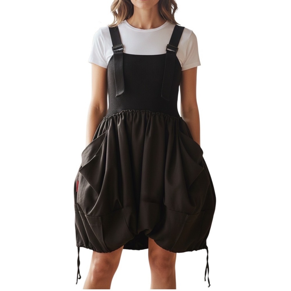 One & Only Black Bubble Hem Dress Japanese Streetwear Dark Academic Utility